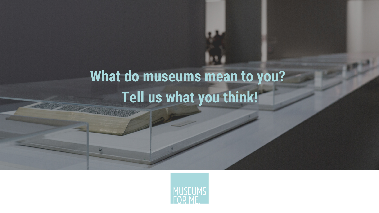 The text "What do museums mean to you? Tell us what you think!" overtop an image of an artifact display case. 